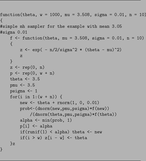 \begin{figure}
\makebox[\textwidth]{\hrulefill}
\begin{verbatim}
function(th...
...fill}
\index{MCMC ! example S-Plus code}
\index{S-Plus ! MCMC}
\end{figure}